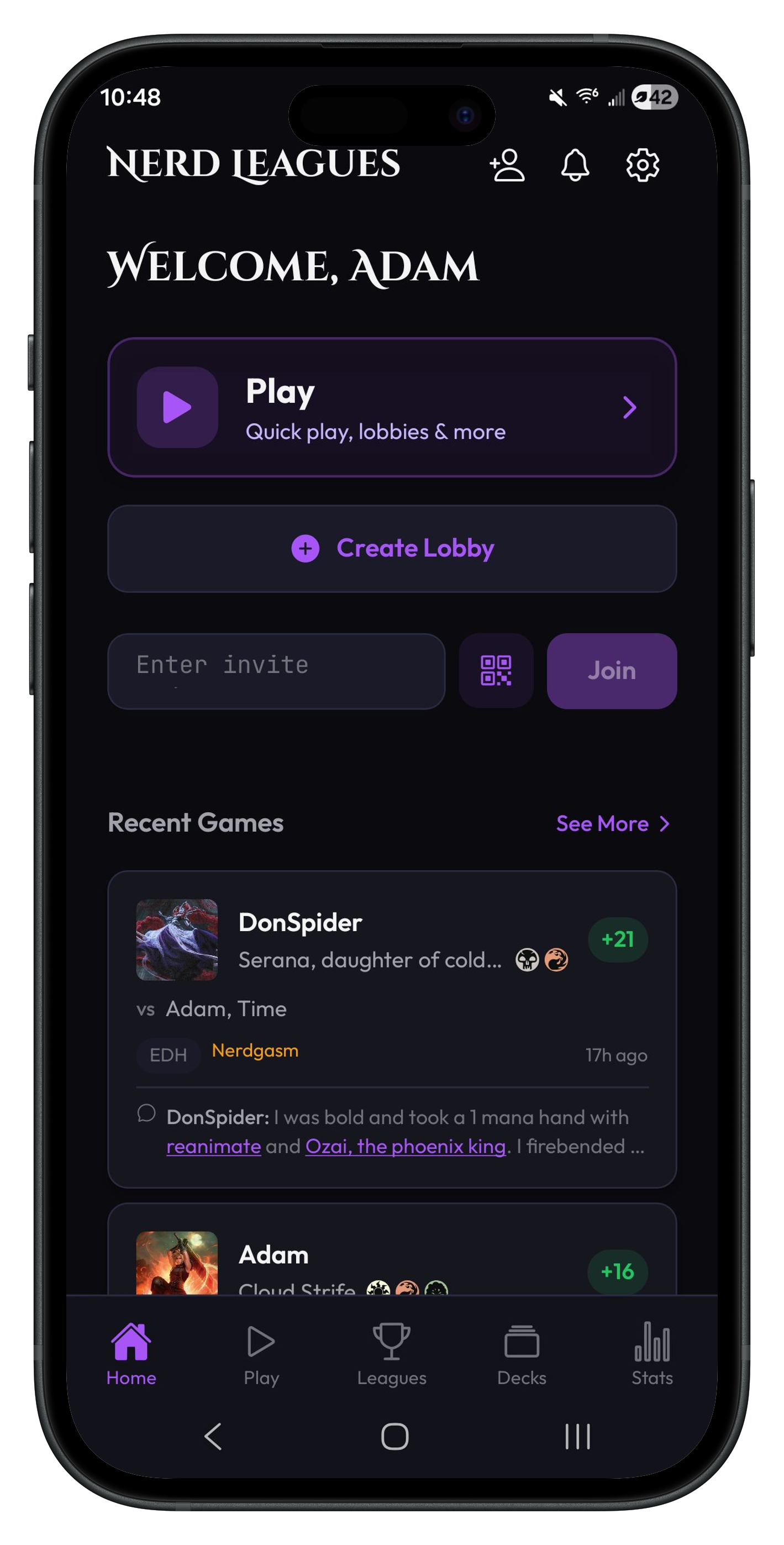 Nerd Leagues home screen